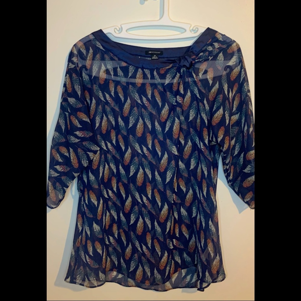 Navy Blue Patterned Short Sleeve Blouse Loose Fit